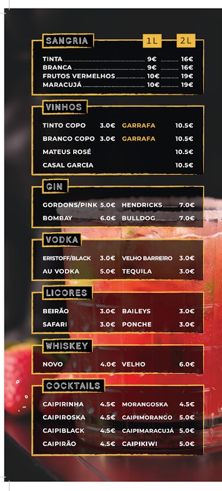 Carta de bebidas da Dog's House: sangrias, vinhos, gin, vodka, licores, whiskey e cocktails